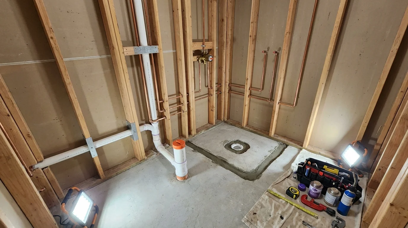 Bathroom rough-in plumbing during remodel by Johns Plumbing LLC in Ridgeland