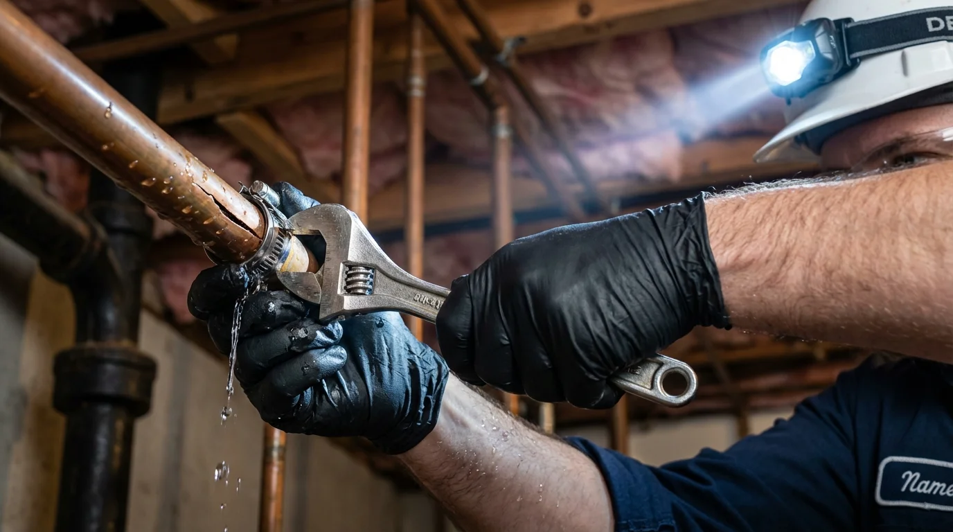 Emergency pipe clamp repair being performed by a Johns Plumbing LLC plumber in Ridgeland
