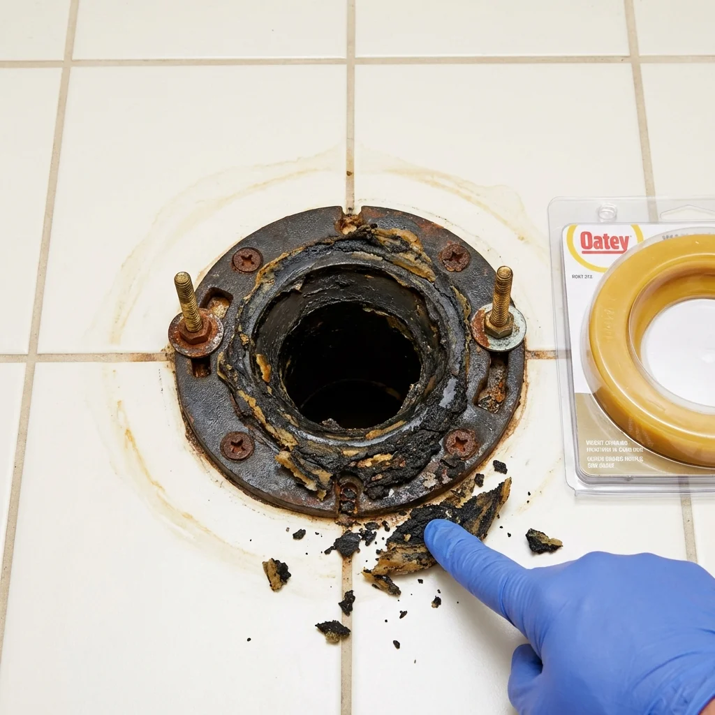 Failed wax ring showing water seepage at the base of a toilet in a Ridgeland, MS home
